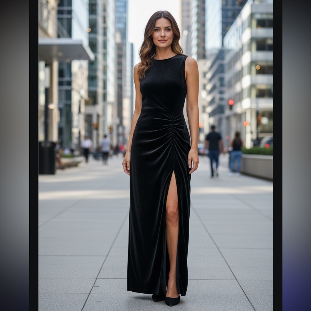 Veronica Beard silk velvet Elegant Black ruched Maxi sleeveless Dress romantic - Picture 4 of 15